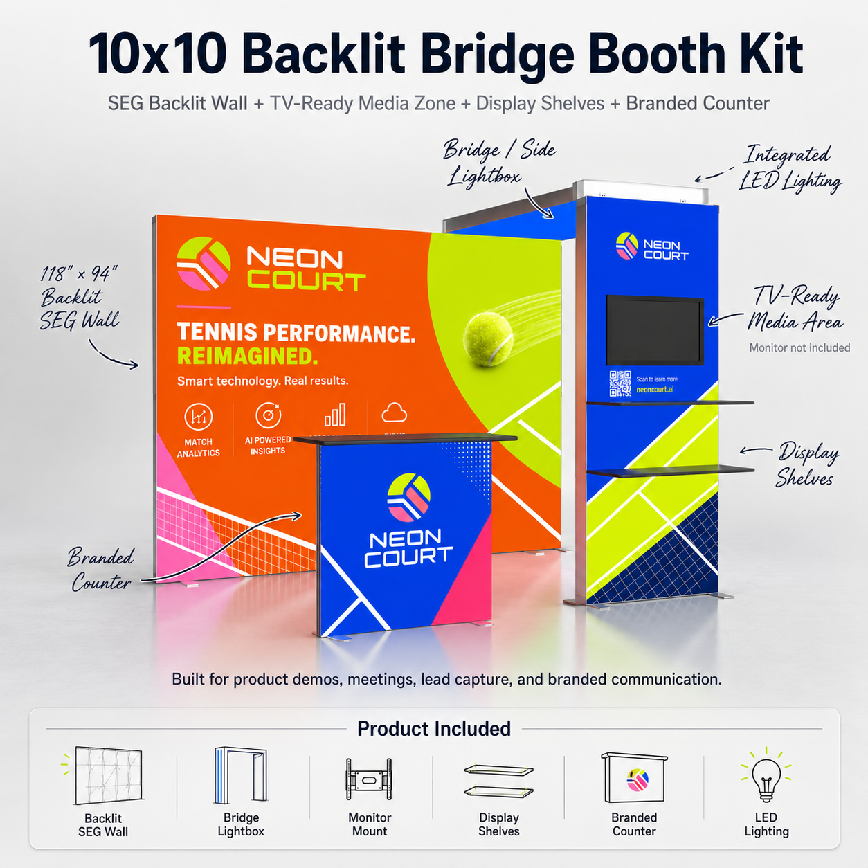 10x10 EdgeLumi™ PRO Aluminum Modular TV Bridge SEG Backlit Booth Display - QuickShowDisplay