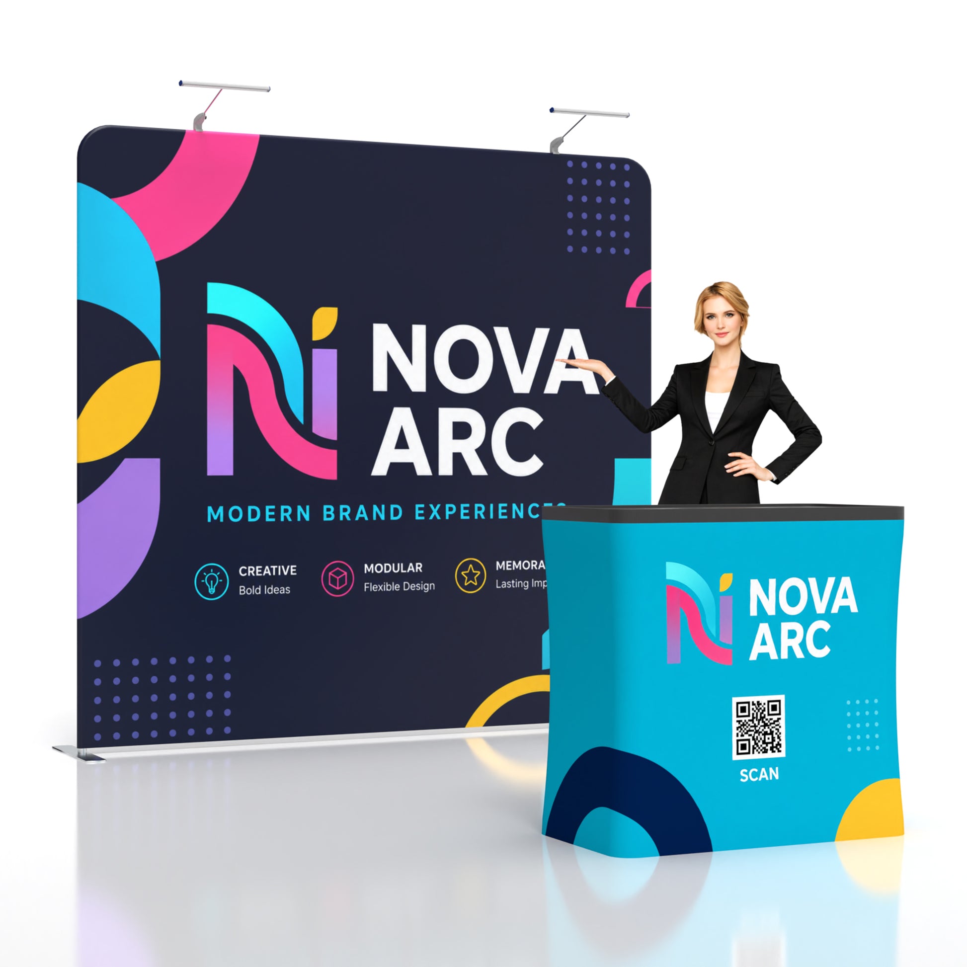 8ft Flat Booth Backwall | TenseFlex Rolling Podium Kit - QuickShowDisplay