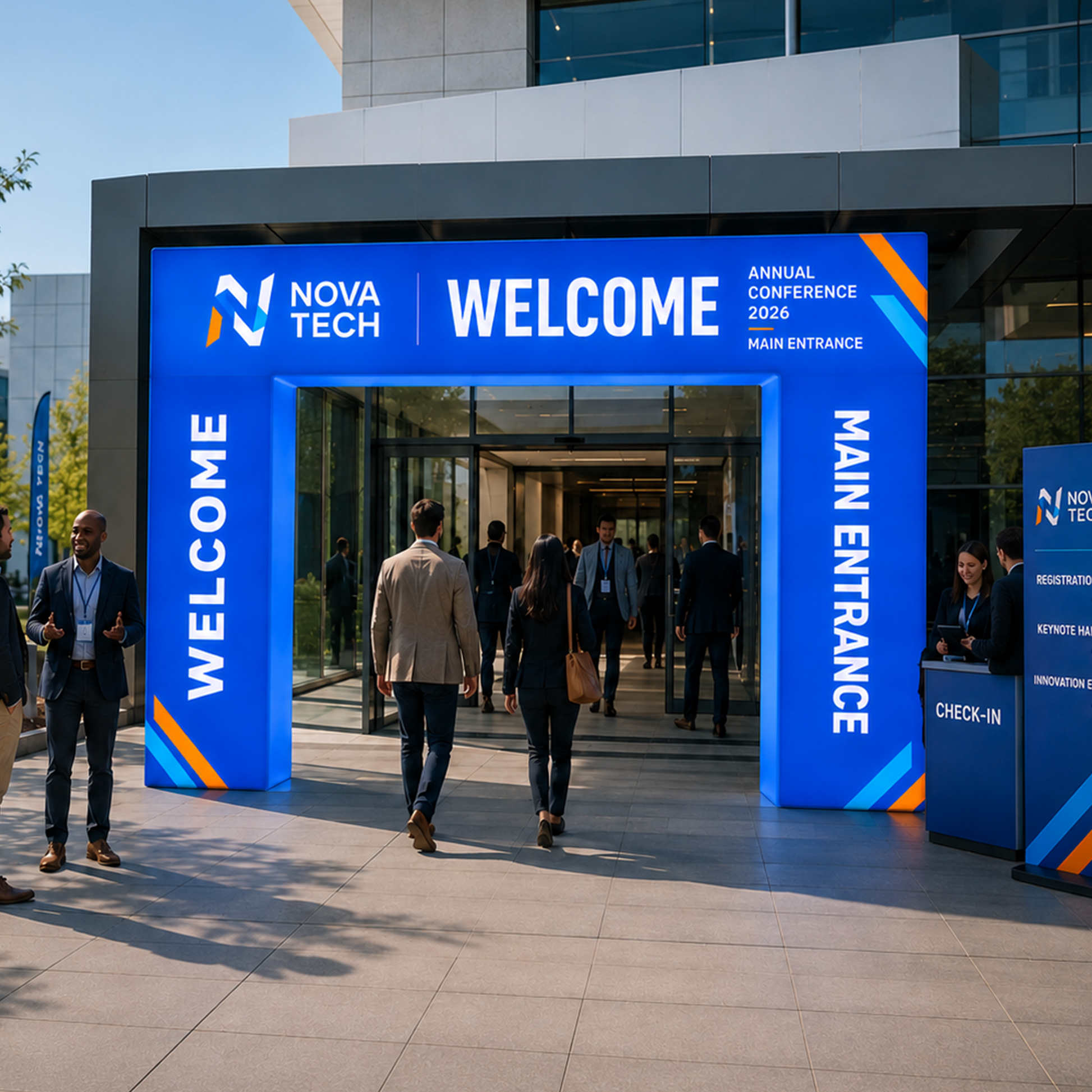 Custom Backlit Rectangle Entrance Display, LED Welcome Gateway with 360° Fabric Graphics for Trade Shows & Check-In Areas - QuickShowDisplay