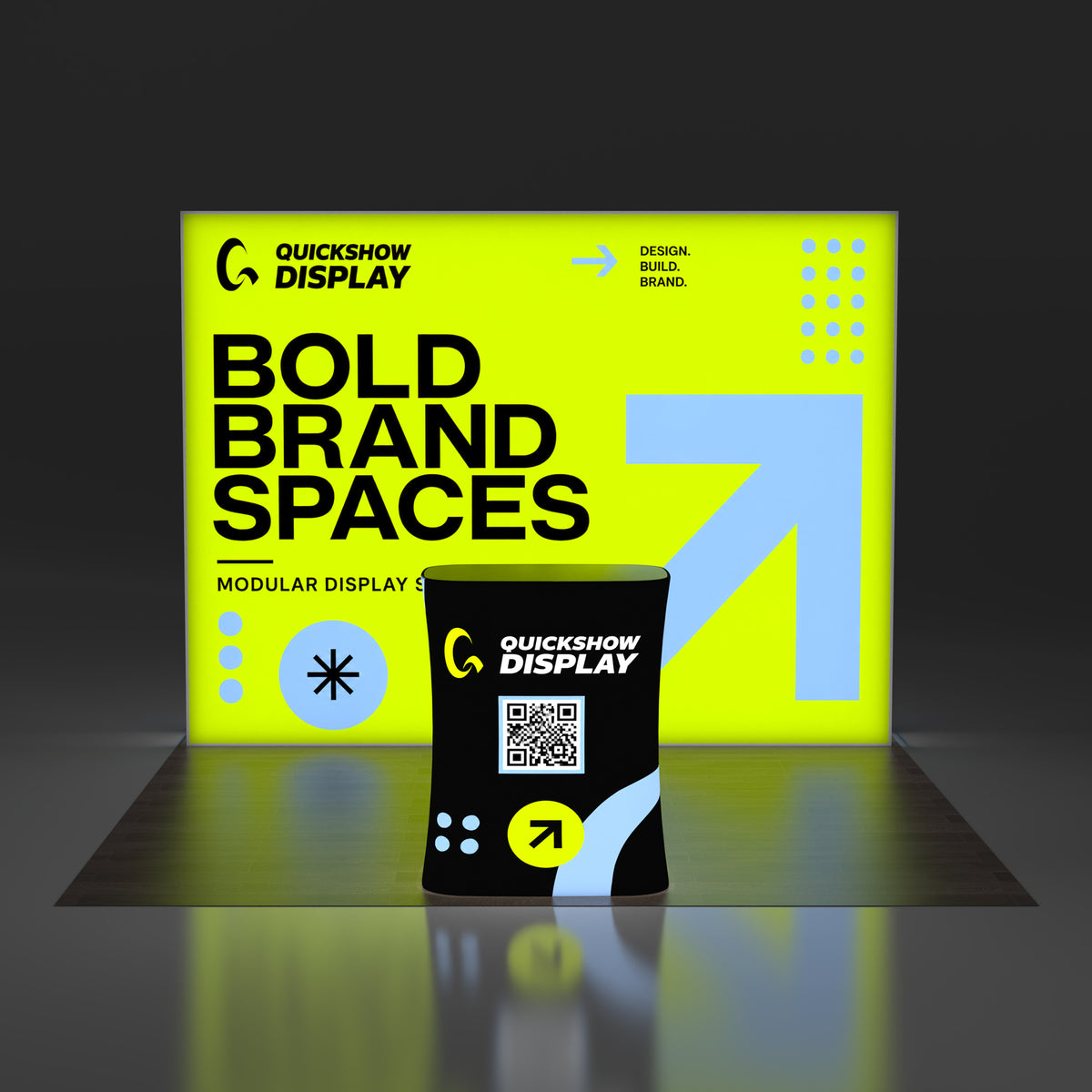 Custom 10x10 Backlit Pop-Up Booth, LED Lightwall Display with Illuminated Square Counter for Trade Show Check-Ins - QuickShowDisplay
