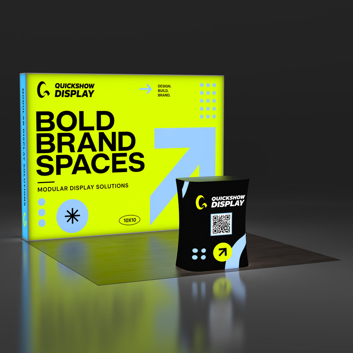 Custom 10x10 Backlit Pop-Up Booth, LED Lightwall Display with Illuminated Square Counter for Trade Show Check-Ins - QuickShowDisplay