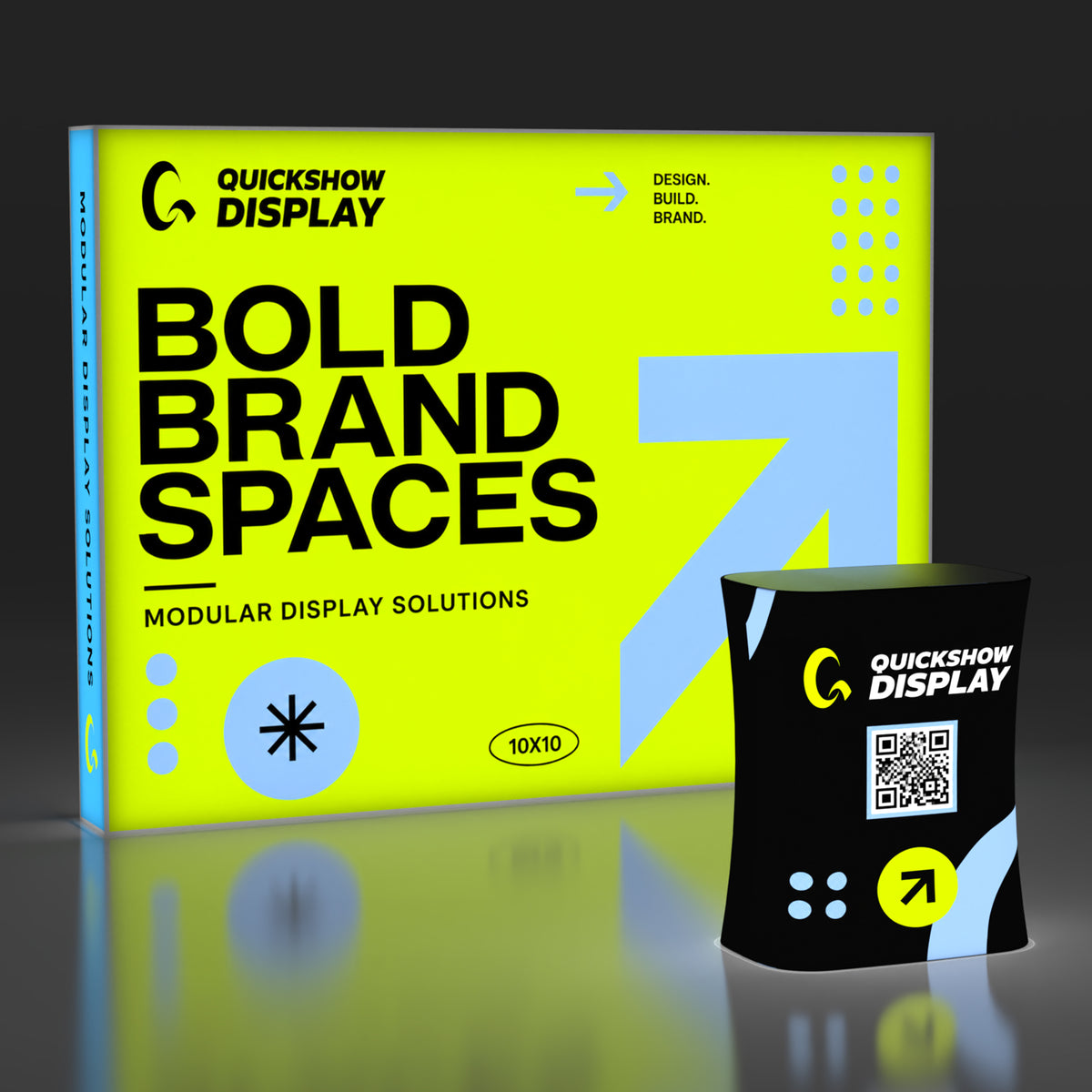 Custom 10x10 Backlit Pop-Up Booth, LED Lightwall Display with Illuminated Square Counter for Trade Show Check-Ins - QuickShowDisplay