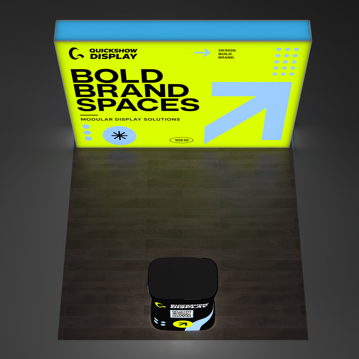 Custom 10x10 Backlit Pop-Up Booth, LED Lightwall Display with Illuminated Square Counter for Trade Show Check-Ins - QuickShowDisplay